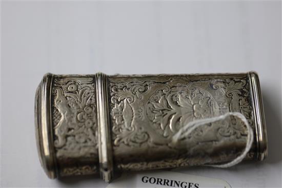 A late 19th/early 20th century continental embossed silver etui case, 92mm.